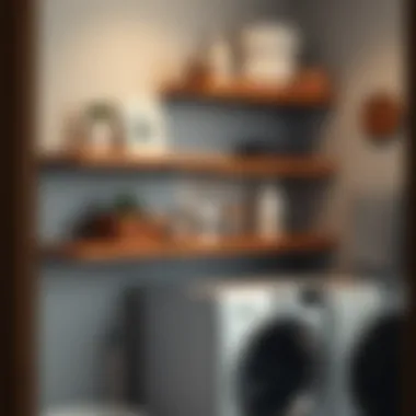 Stylish wooden wall-mounted shelves with decorative items and laundry essentials.