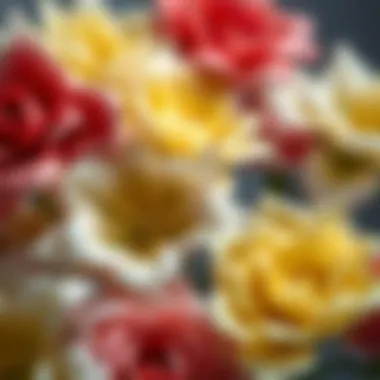 A close-up of realistic artificial flowers showcasing intricate details