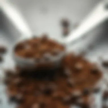 Close-up view of a stainless steel coffee measuring spoon with coffee grounds