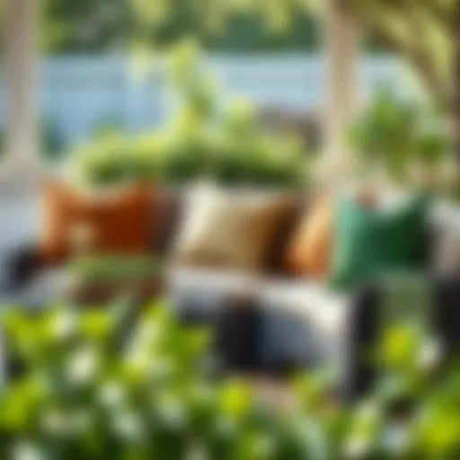 Elegant arrangement of brown and green outdoor pillows on a patio furniture set