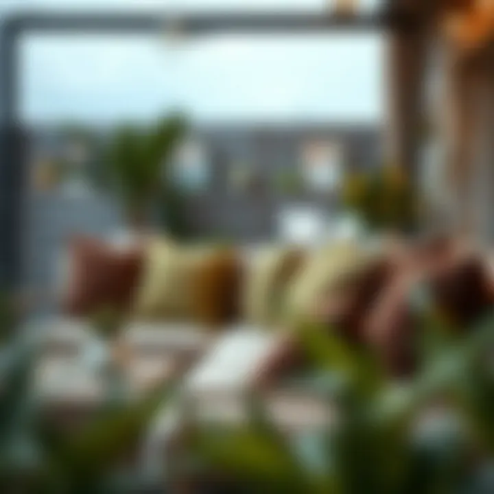 Stylish outdoor setting with brown and green pillows enhancing comfort