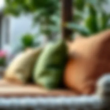 Close-up of textured fabric of brown and green outdoor pillows