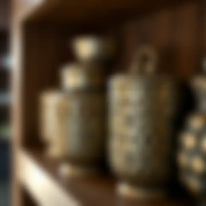 Detailed close-up of decorative storage containers on a shelf