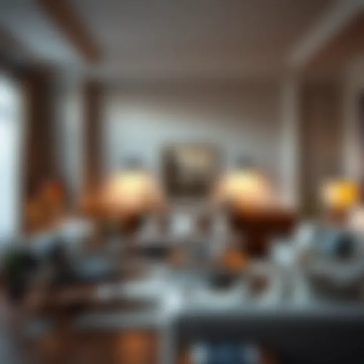 Warm ambient light from bookshelf sconces enhancing a living room