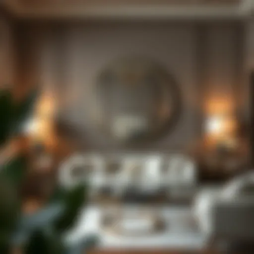 Elegant living room featuring a silver frame round mirror