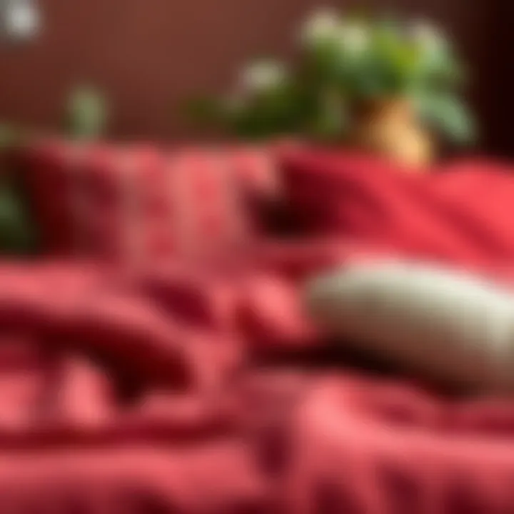 Different materials used in red coverlets displayed artistically.