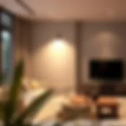 Sleek modern corner light illuminating a cozy living room