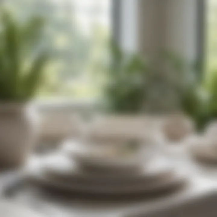 Sustainable white stoneware dinner set displayed with nature-inspired decor