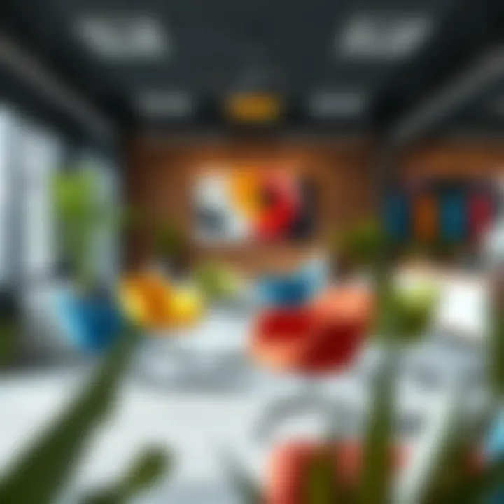 Trendy office interior with colorful seating arrangements