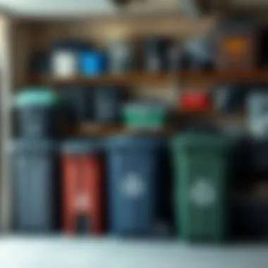 Organized Trash and Recycling Bins in a Garage Organized trash and recycling bins in a garage