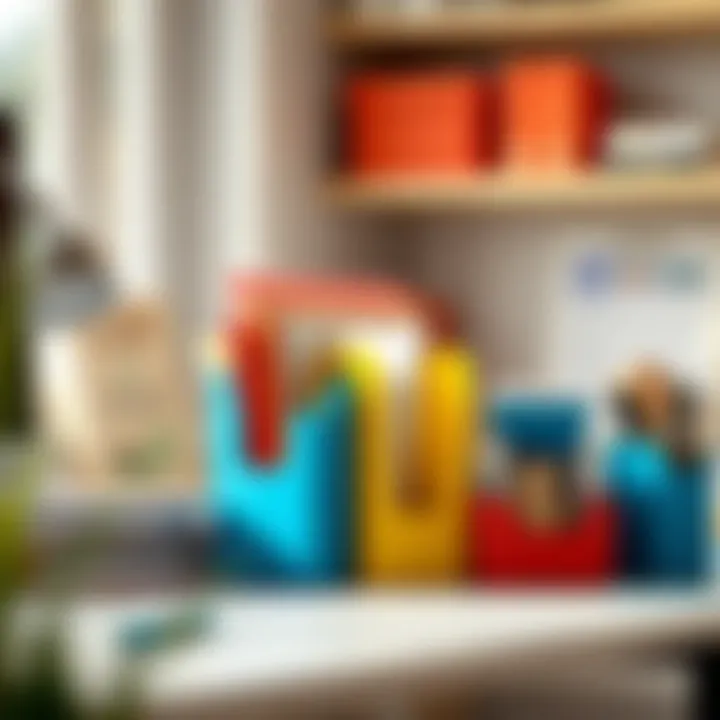 Colorful plastic upright paper organizer adding vibrancy to a workspace