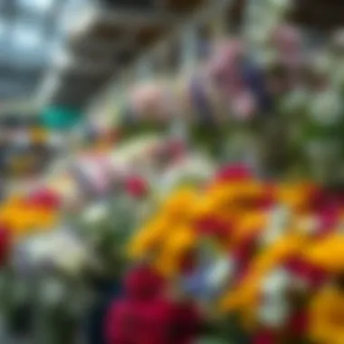 A display of wholesale artificial flowers in a market setting
