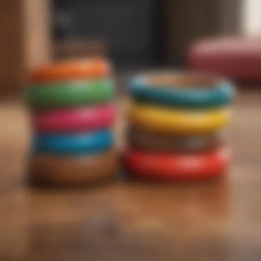 A beautifully crafted wooden stacking ring set showcasing vibrant colors and distinct shapes.